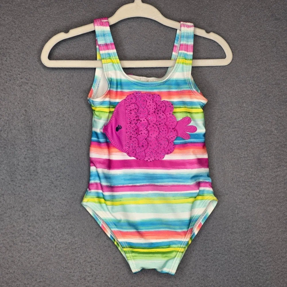 Gymboree Girls Rainbow Striped Fish One‎ Piece Swimsuit 6-12M Bow Back